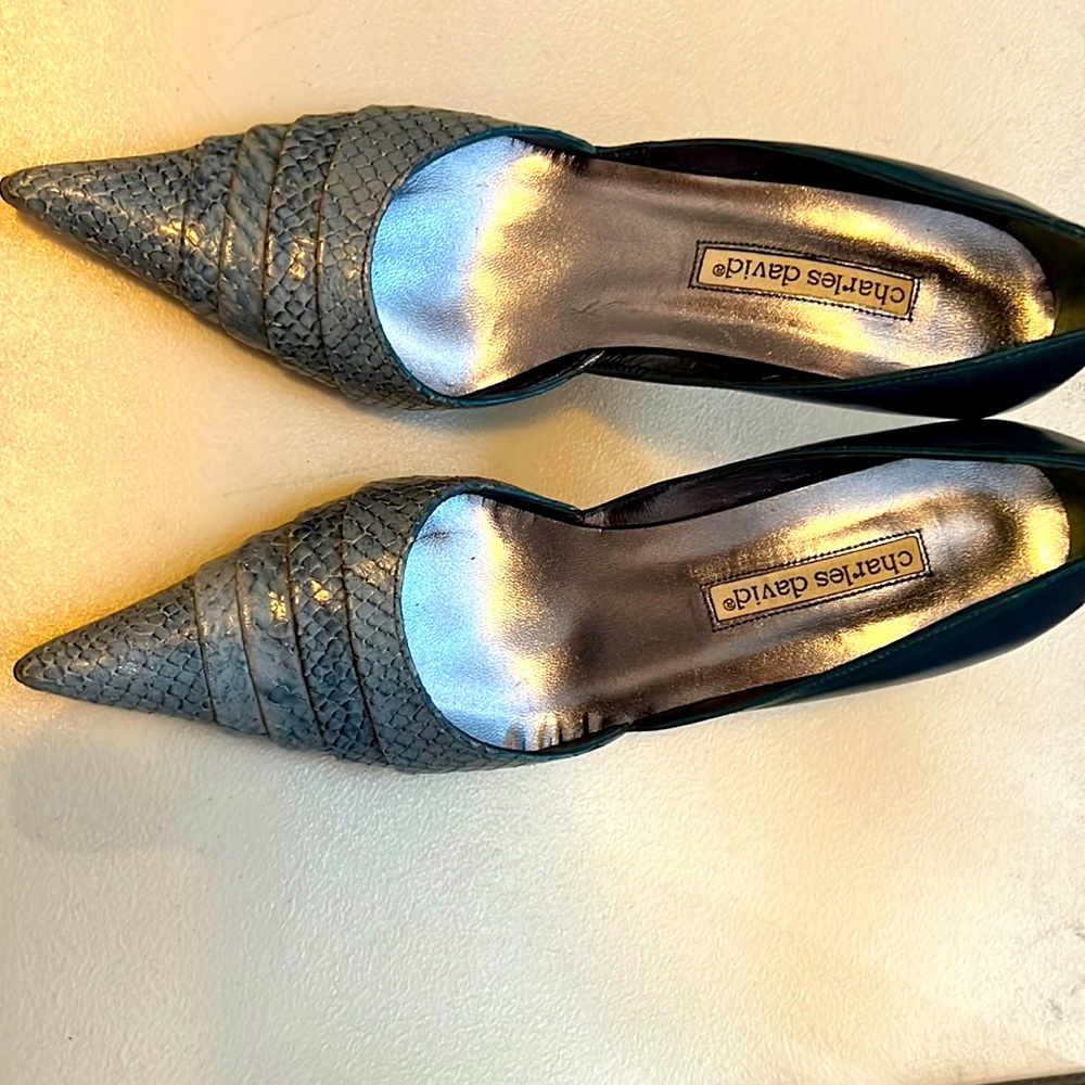 Snake blue leather shoes, new without tags nearly perfect conditions.